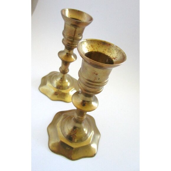 Vintage Brass Candlestick Holders - Set of 2 -Scalloped Design Bases - 5" Height - Picture 3 of 14